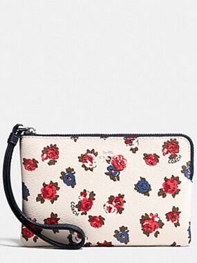 NWT COACH Tea Rose Floral Corner Zip Wristlet Clutch - Chalk Multi